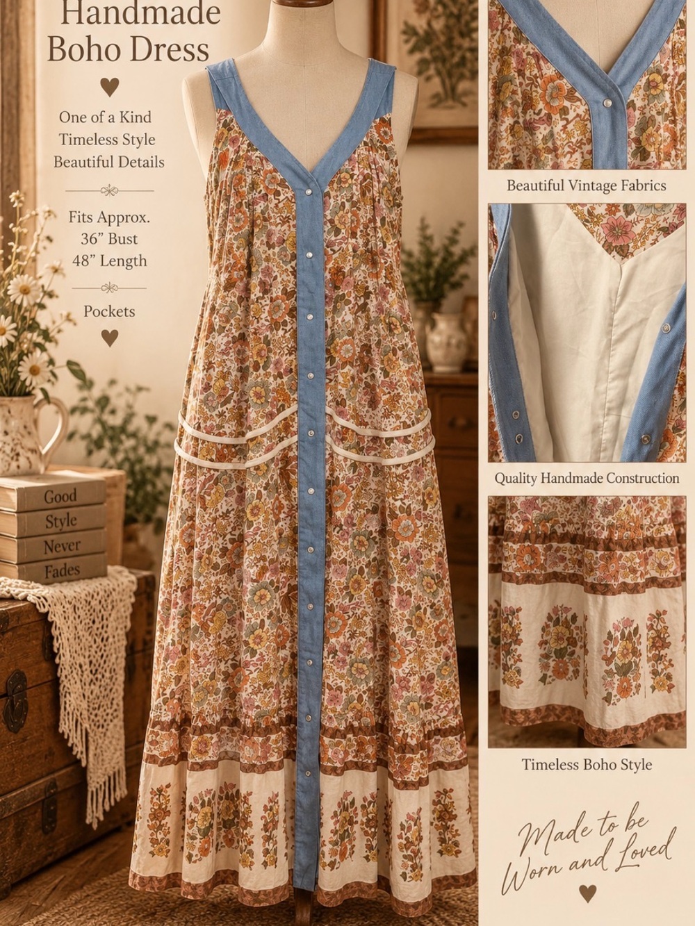 Vintage / autumn floral -handmade western bohemian dress- lined -denim trim- S/M